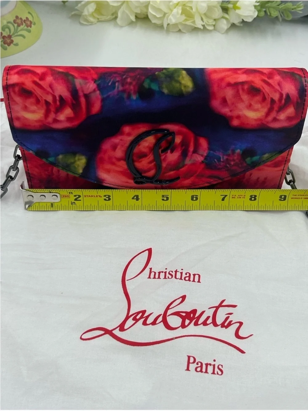 Women’s Christian Louboutin LOUBI 54 floral satin clutch/Crossbody made in Italy